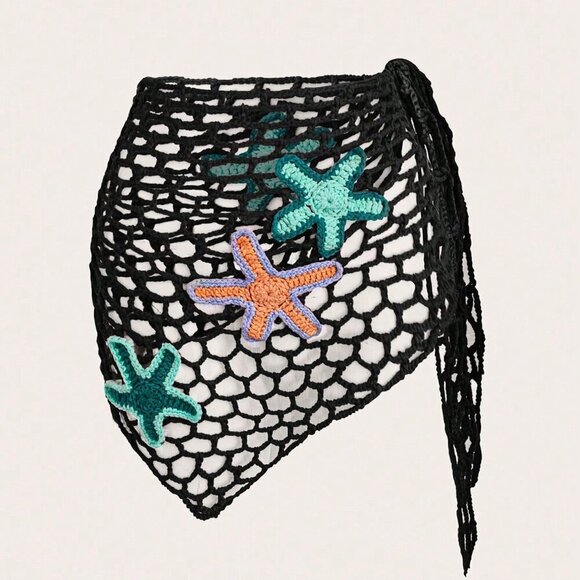 Black Women's Swim Springbreak Sexy Crochet Starfish Decor Beach Cover Up Shawl - Picture 1 of 6